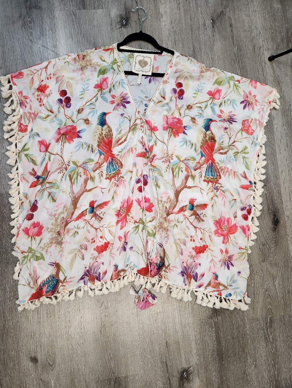 Z&L Floral Bird Tassel Crochet Poncho Cover-Up